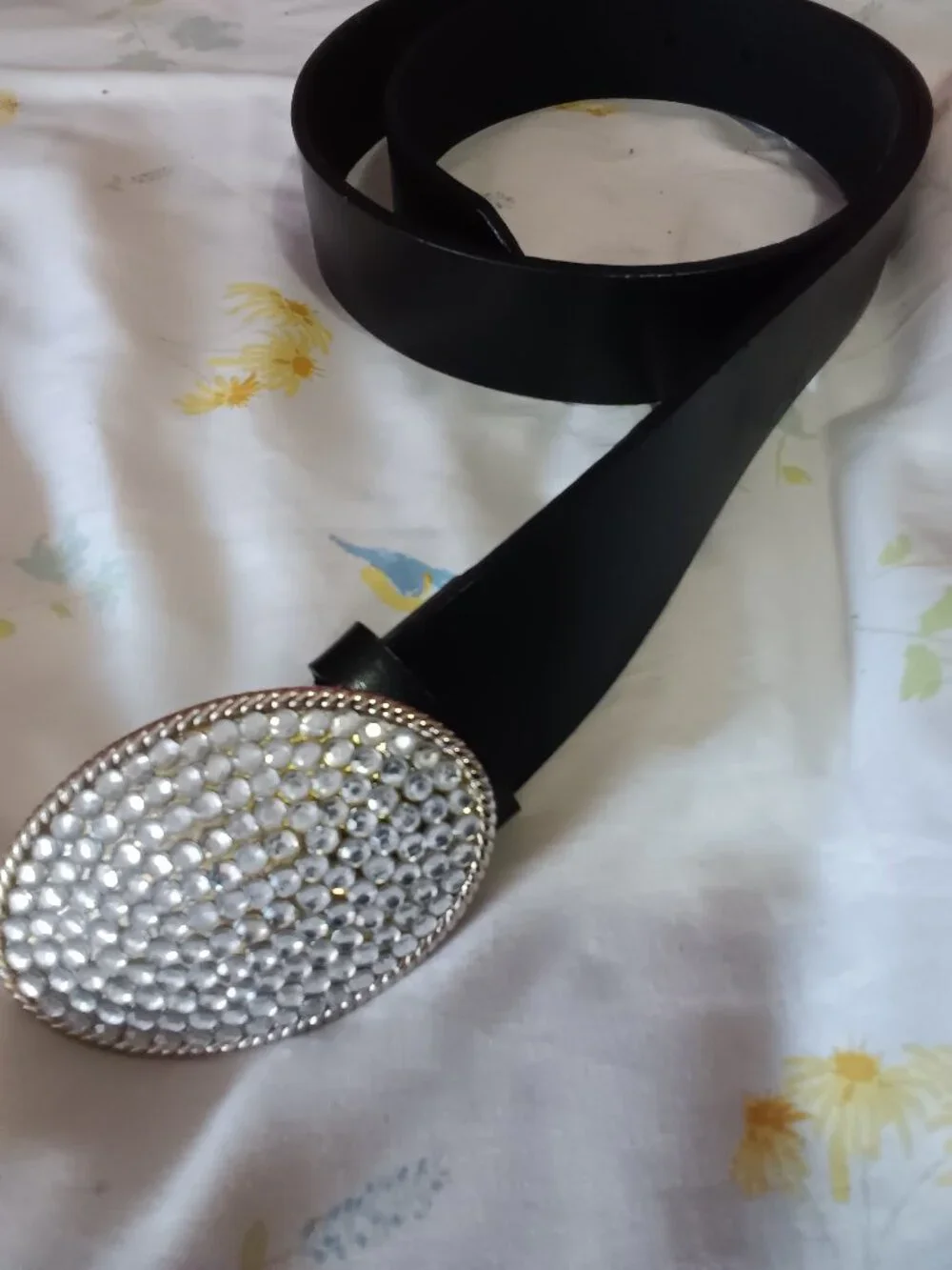 Vintage Black Leather Belt with Rhinestone Buckle